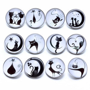 12pcs Black&White Cat Pattern Glass Charms 18mm Snap Button Jewelry