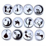 12pcs Black&White Cat Pattern Glass Charms 18mm Snap Button Jewelry