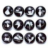 12pcs Black&White Cat Pattern Glass Charms 18mm Snap Button Jewelry