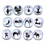 12pcs Black&White Cat Pattern Glass Charms 18mm Snap Button Jewelry