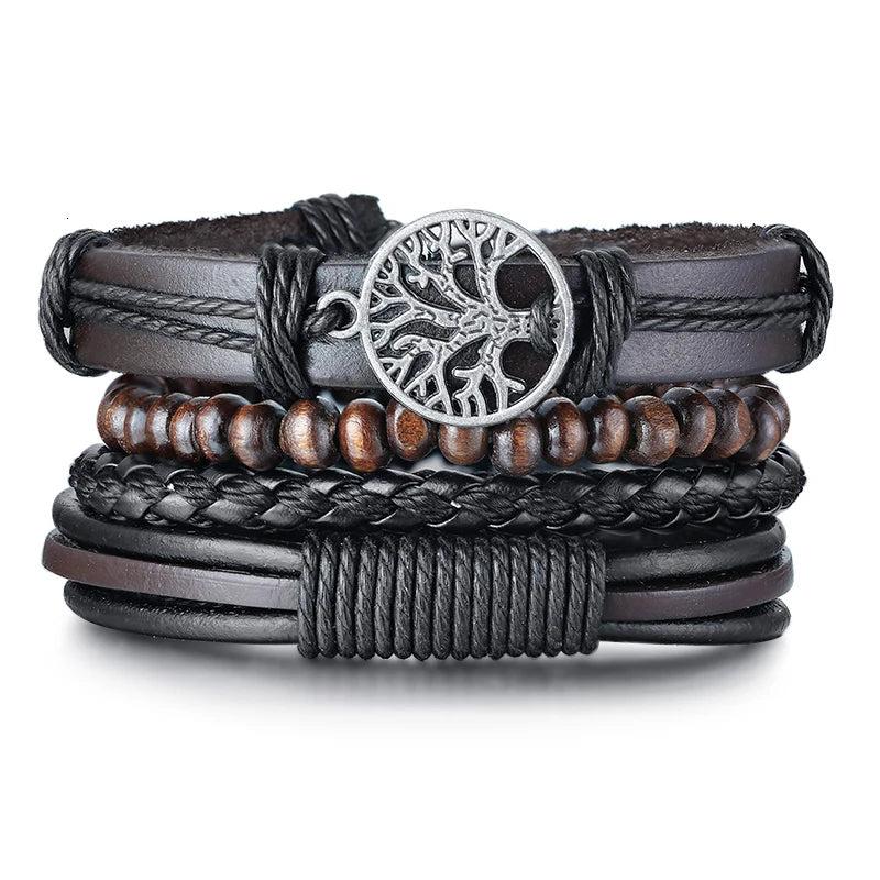 Tree Of Life Leather Bracelets Set 4pcs Wrap Wristbands Wooden Beads Jewelry