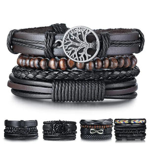 Tree Of Life Leather Bracelets Set 4pcs Wrap Wristbands Wooden Beads Jewelry