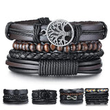 Tree Of Life Leather Bracelets Set 4pcs Wrap Wristbands Wooden Beads Jewelry