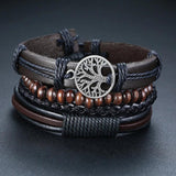 Tree Of Life Leather Bracelets Set 4pcs Wrap Wristbands Wooden Beads Jewelry