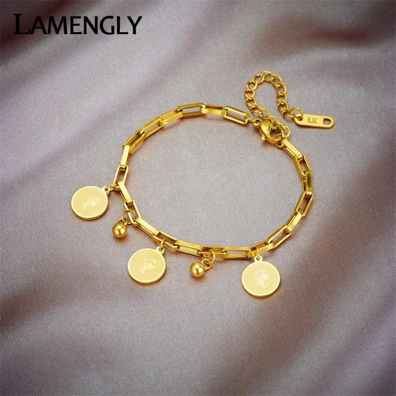 316L Stainless Steel Coin Charm Bracelet for Women Geometric Bangle