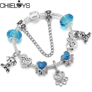 Silver Cartoon Charm Bracelet With Dog Paw Beads & Pendant
