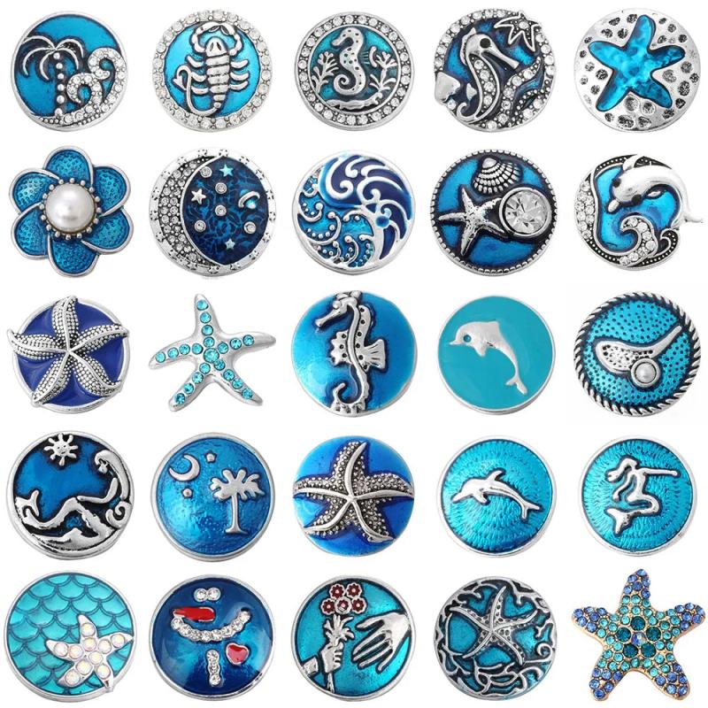6pcs Snap Jewelry 18mm Snap Buttons Rhinestone Starfish Dolphin Mermaid Snaps