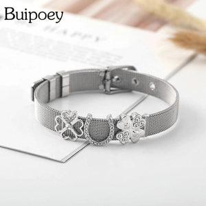 Stainless Steel Mesh Watch Bracelet Double Heart Butterfly Charm