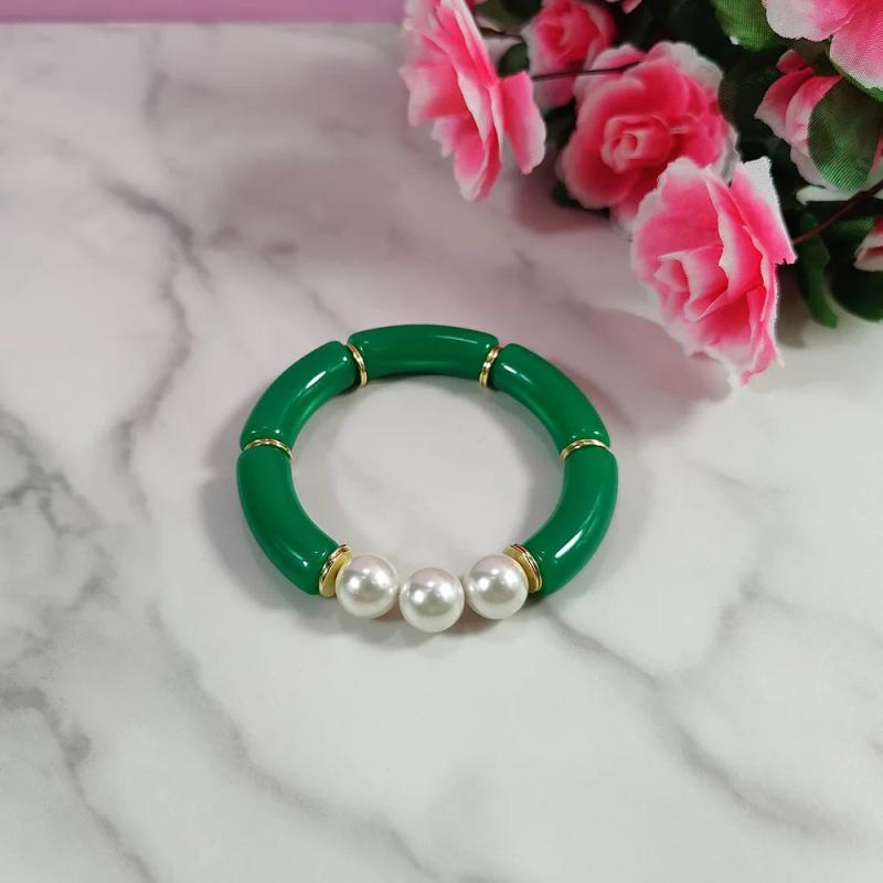 Acrylic Beaded Charm Bracelets Wafer Beaded Chain Stretch Cuff Bangles