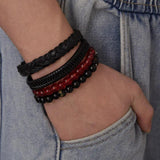 4 PCS/Set Beads Braided Leather Bracelet for Men Friendship Wrist Jewelry Gift