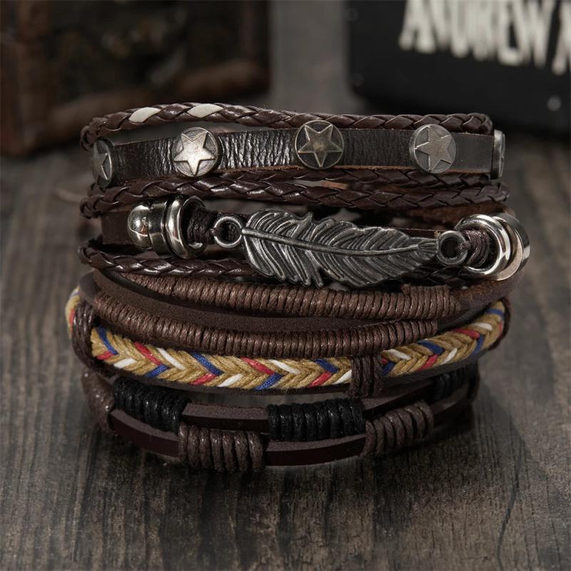 Vintage Goth Leaf Star Multilayer Leather Bracelet Set