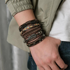 Vintage Goth Leaf Star Multilayer Leather Bracelet Set