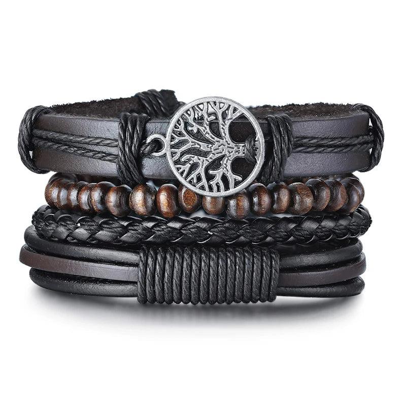 Feather Men Leather Cuff Bracelet Sets Boho Jewelry