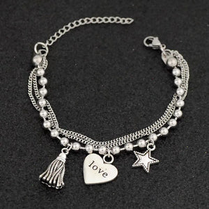 Women's Stainless Steel Charm Bracelet Love Heart Pentacle Star Jewelry