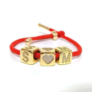 Red Rope Thread Letter Bracelet Couple CZ Cube Initial Adjustable