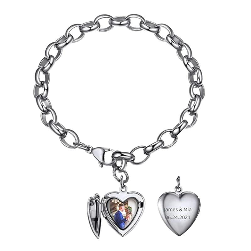 Personalized Stainless Steel Heart Locket Bracelet for Women Men