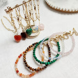 Stainless Steel Heart Charm Bracelet with Pink Quartz Opal Stone