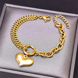 Fashion Love Heart Bracelet For Women Stainless Steel Round Circle Cuban Chain