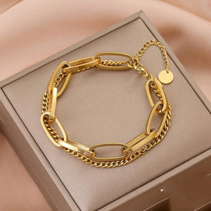 Double Layer Stainless Steel Link Chain Bangle Bracelet for Women