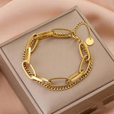 Double Layer Stainless Steel Link Chain Bangle Bracelet for Women