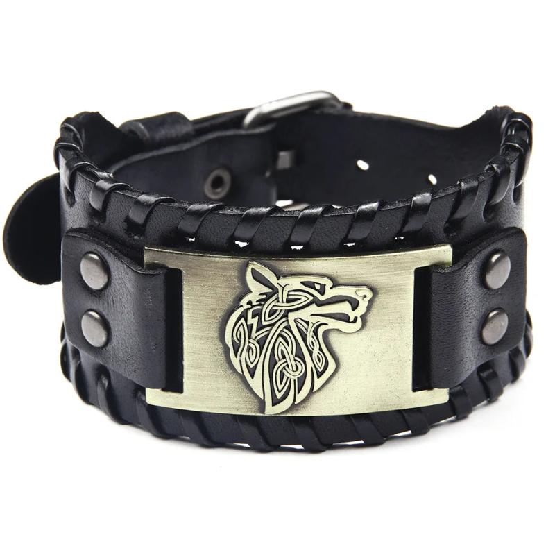 Alloy Wolf Head Leather Bracelet Braided Mens Jewelry