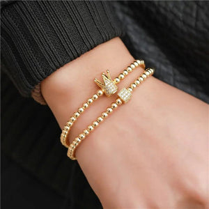 Crown Cube Charm Couples Bracelet Set 4mm Copper Bead Braiding Women Jewelry