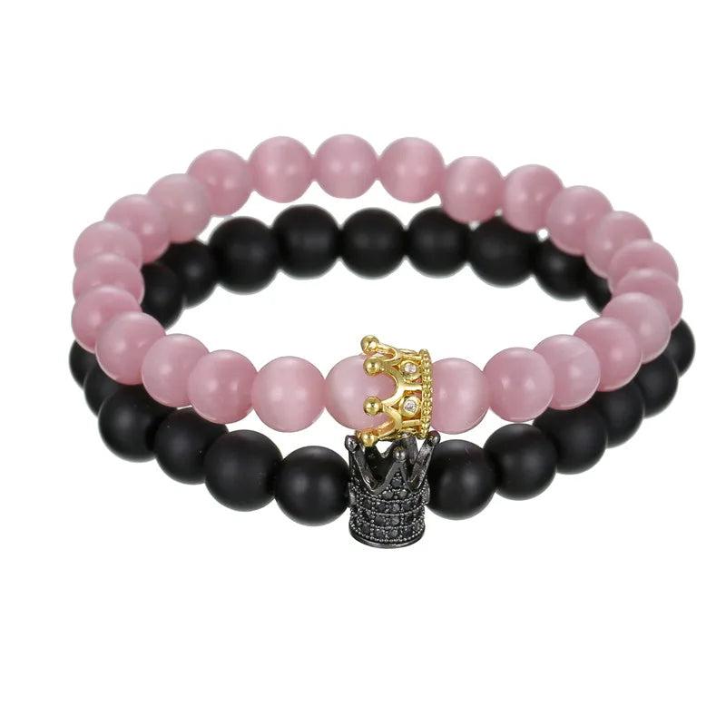 Micro Pave CZ Crown Charm Couple Bracelets Sets