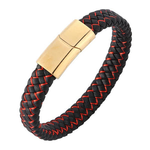 Red Leather Bracelet Men Stainless Steel Magnetic Buckle Wrist Band