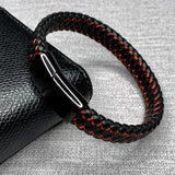 Red Leather Bracelet Men Stainless Steel Magnetic Buckle Wrist Band