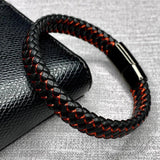 Red Leather Bracelet Men Stainless Steel Magnetic Buckle Wrist Band