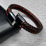 Red Leather Bracelet Men Stainless Steel Magnetic Buckle Wrist Band