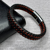 Red Leather Bracelet Men Stainless Steel Magnetic Buckle Wrist Band