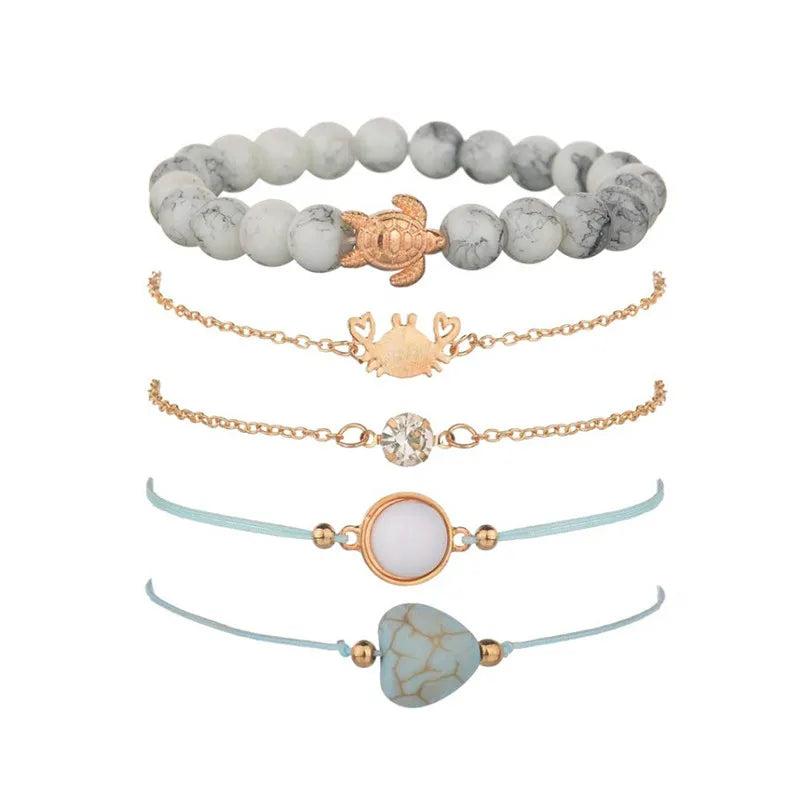 Bohemian Rope Chain Bracelet Set Tortoise Shell Crab Heart Crystal Charm Bangle