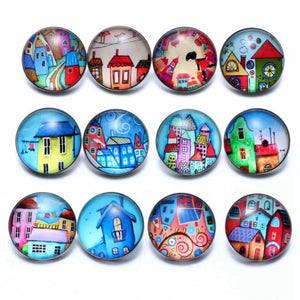 12pcs Fairytale Town Glass Charms 18mm Snap Button Jewelry