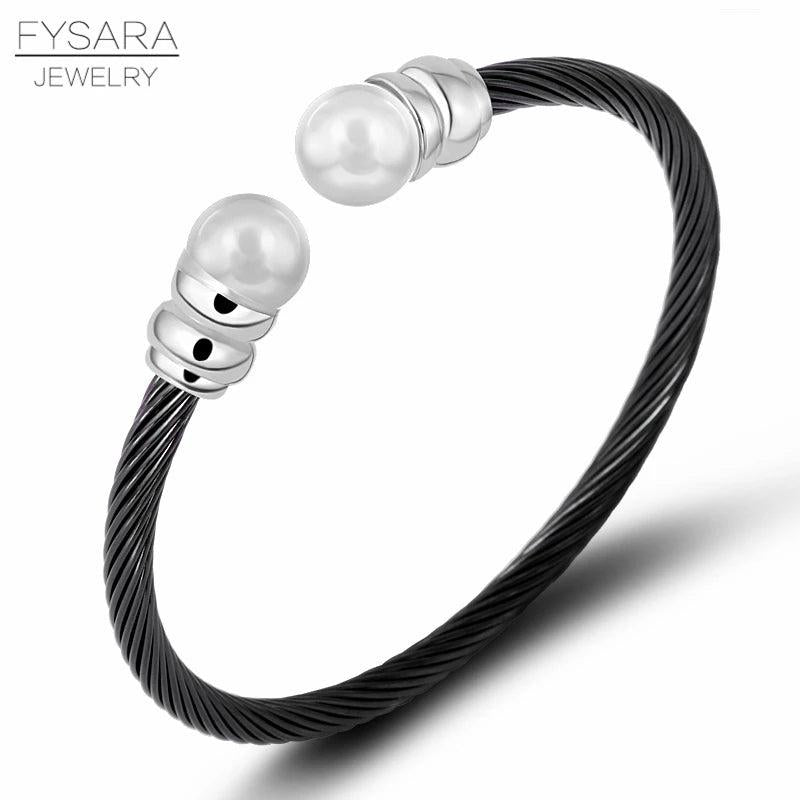 Women Steel Cable Bangle Pearl Bracelet Jewelry
