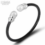 Women Steel Cable Bangle Pearl Bracelet Jewelry