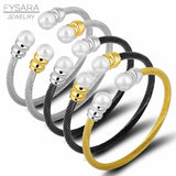 Women Steel Cable Bangle Pearl Bracelet Jewelry