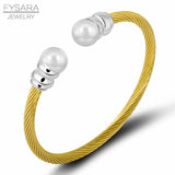 Women Steel Cable Bangle Pearl Bracelet Jewelry