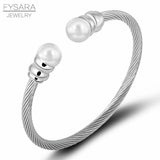 Women Steel Cable Bangle Pearl Bracelet Jewelry