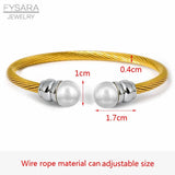 Women Steel Cable Bangle Pearl Bracelet Jewelry