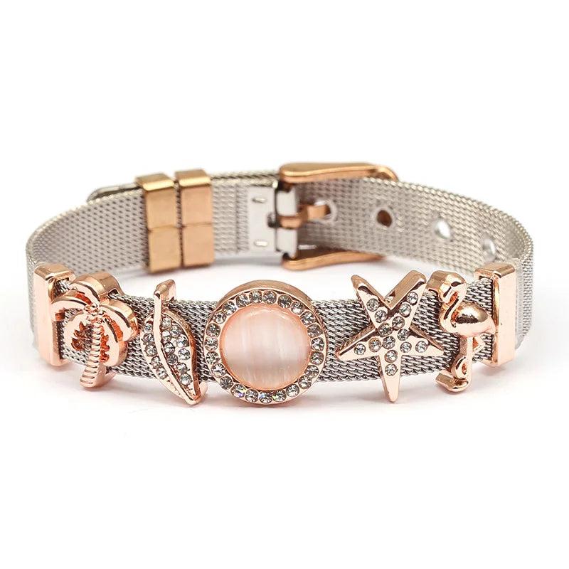 Colorful Stainless Steel Mesh Bracelet Bangle with Slide Charms