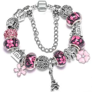 Romantic Eiffel Tower Charm Bracelet Flower Pendant Women's Gift