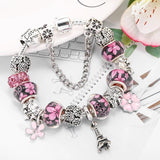 Romantic Eiffel Tower Charm Bracelet Flower Pendant Women's Gift