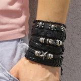6Pcs Gothic Punk Skull Star Leather Bracelet Set Men's Arm Jewelry