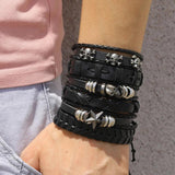 6Pcs Gothic Punk Skull Star Leather Bracelet Set Men's Arm Jewelry