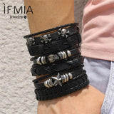 6Pcs Gothic Punk Skull Star Leather Bracelet Set Men's Arm Jewelry