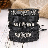 6Pcs Gothic Punk Skull Star Leather Bracelet Set Men's Arm Jewelry