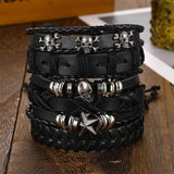 6Pcs Gothic Punk Skull Star Leather Bracelet Set Men's Arm Jewelry