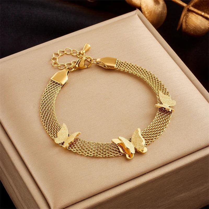 316L Stainless Steel Wide Web Chain Butterfly Charm Bracelet