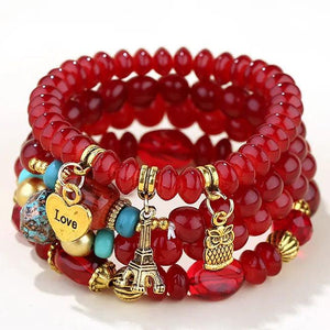 Bohemia Bracelet Women Multilayer Beads Stone Owl Charm Jewelry